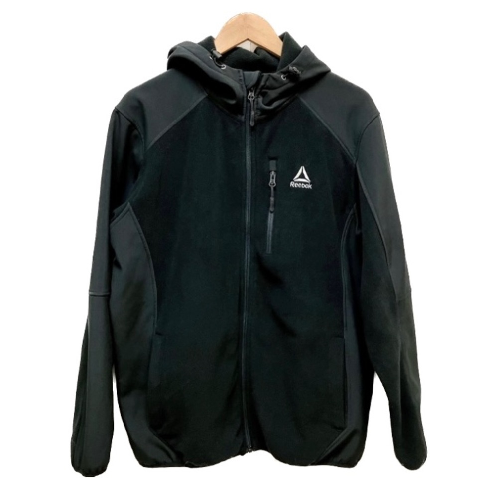 Reebok mens mixed media soft shell jacket with fleece, zip up hoodie, black, L
